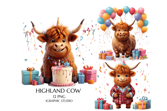 Birthday Highland Cow Watercolor Clipart