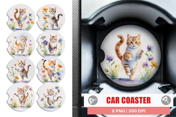 Car Coaster Cat in Summer Watercolor