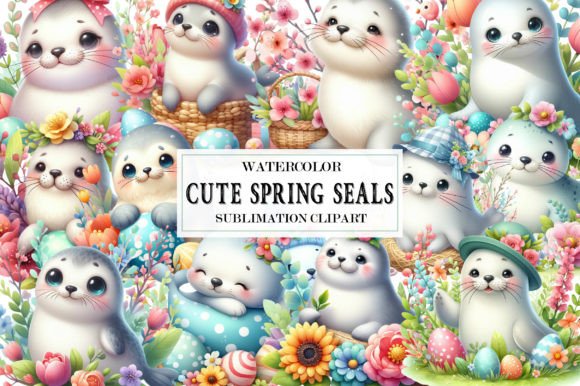 Cute Spring Seals Watercolor Clipart