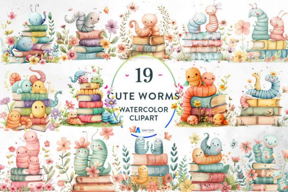 Cute Worms Watercolor Clipart for Branding & Design