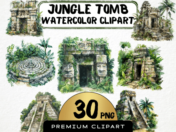 Designing with Watercolor Jungle Tomb Clipart
