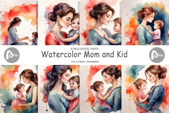 Digital Paper Watercolor Mom and Kid for Thoughtful Design
