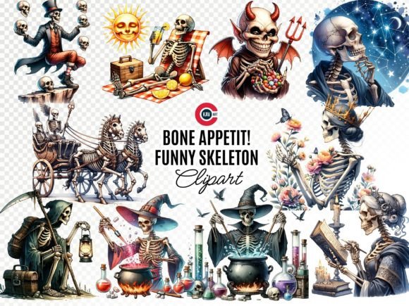 Funny Skeleton Watercolor Clipart