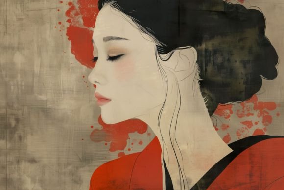 Japan Watercolor Portrait of Young Woman