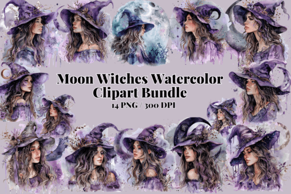 Moon Witches Watercolor Clipart Bundle
