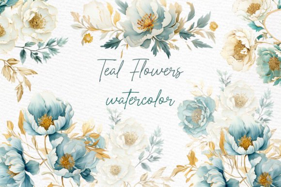Teal Gold Floral Clipart Watercolor for Elegant Branding