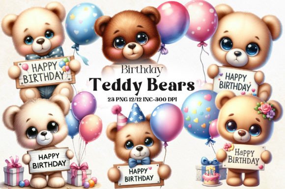 Watercolor Birthday Teddy Bear Clipart