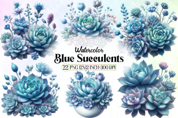 Watercolor Blue Succulents Clipart for Branding and Design Projects