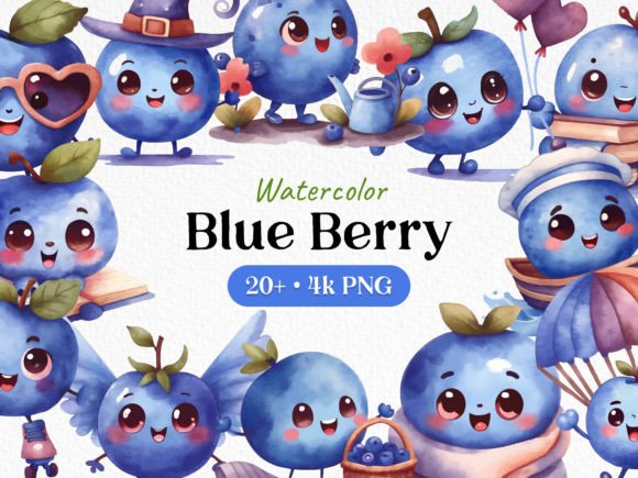 Watercolor Blueberry Clipart Bundle