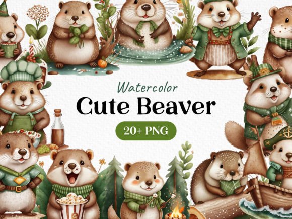 Watercolor Bundle Cute Beaver Clipart PNG