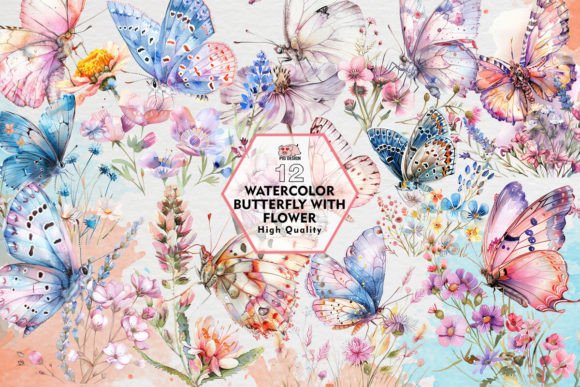 Watercolor Butterfly with Flower Clipart for Creative Projects