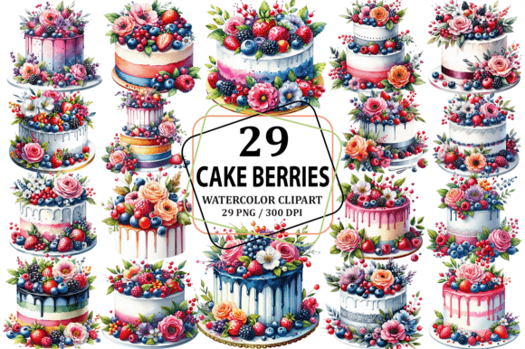 Watercolor Cake Berries Flower Clipart for Creative Projects