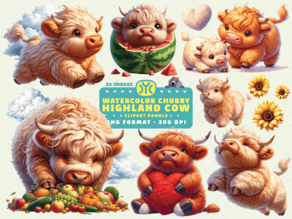 Watercolor Chubby Highland Cow Clipart for Playful Branding