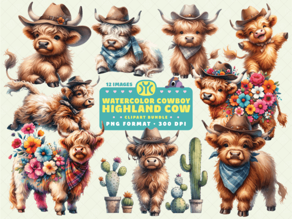 Watercolor Cowboy Highland Cow Clipart: Western Flair for Modern Projects