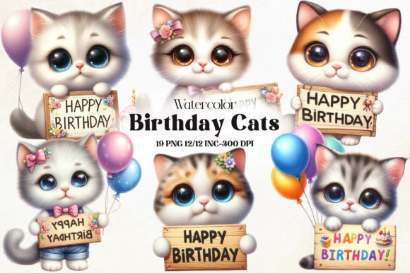 Watercolor Cute Birthday Cats Clipart