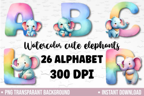 Watercolor Cute Elephant Alphabet PNG