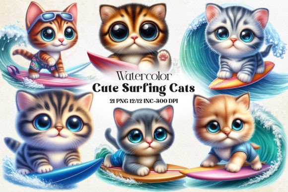 Watercolor Cute Surfing Cats Clipart