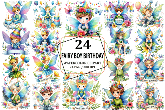 Watercolor Fairy Boy Birthday Clipart for Magical Designs