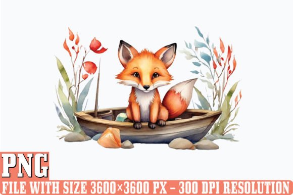 Watercolor Fishing Fox Baby Clipart