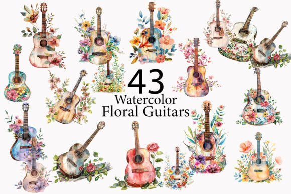Watercolor Floral Guitars Clipart: Artful Design Assets