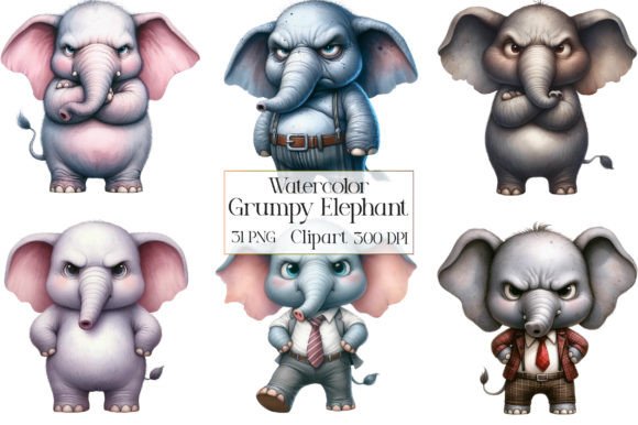 Watercolor Funny Grumpy Elephant Clipart
