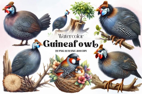 Watercolor Guineafowl Clipart Bundle for Creative Projects