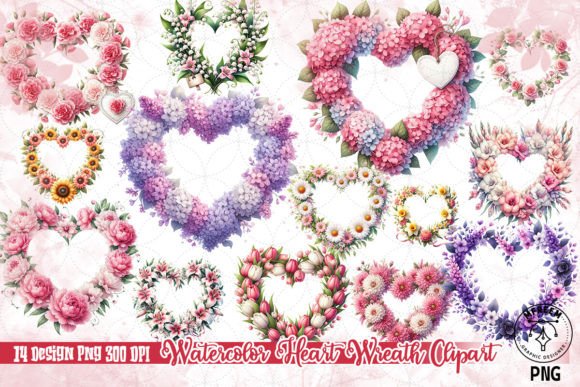 Watercolor Heart Wreath Clipart PNG