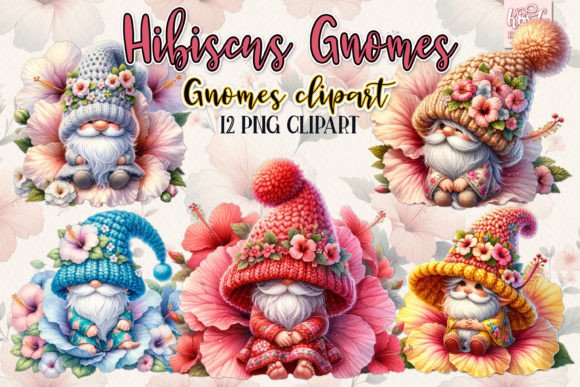 Watercolor Hibiscus Gnomes PNG Clipart