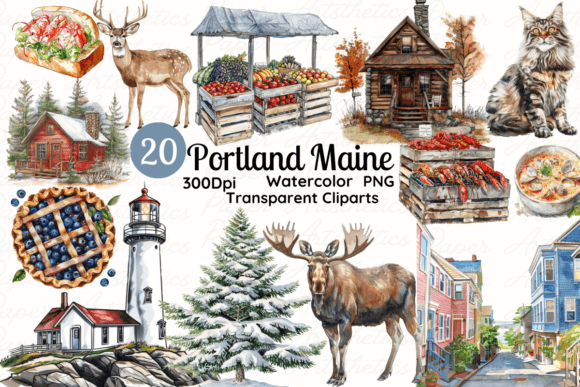 Watercolor Maine Clipart & Portland PNG Design Assets