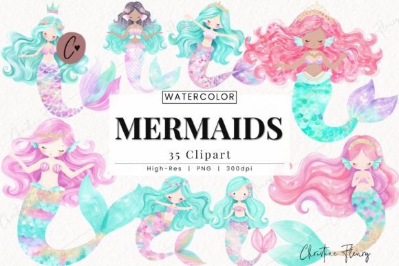 Watercolor Mermaid Clipart for Branding & Design