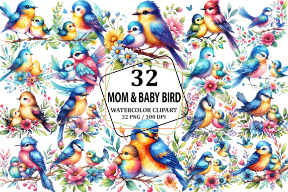 Watercolor Mom Baby Bird Clipart PNG for Heartfelt Designs