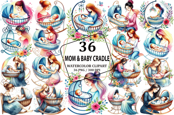Watercolor Mom Baby Cradle Clipart for Heartfelt Designs