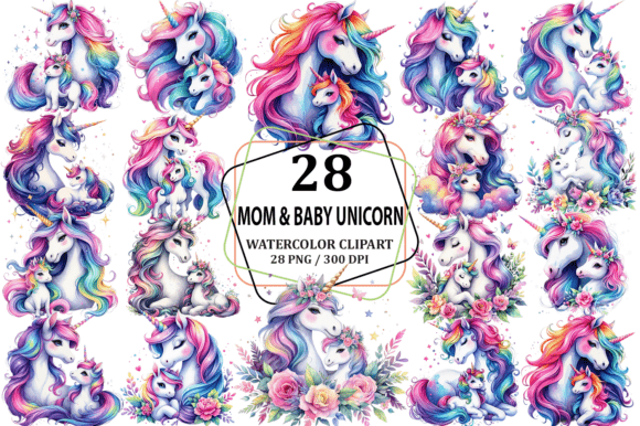 Watercolor Mommy Baby Unicorn Clipart for Creative Projects