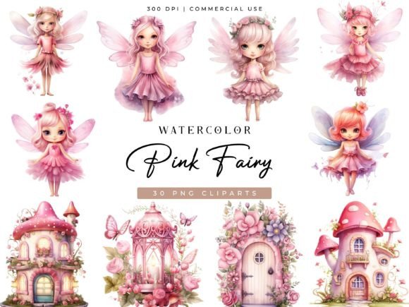 Watercolor Pink Fairy Clipart Bundle