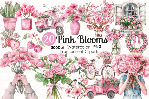 Watercolor Pink Garden Clipart for Modern Design
