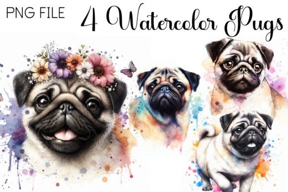 Watercolor Pugs Cute PNG: Adding Playful Character to Your Brand