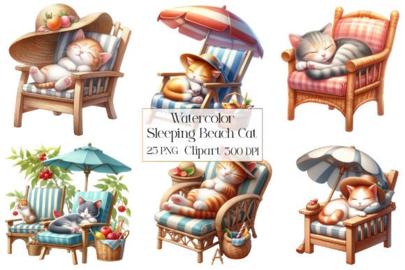 Watercolor Sleeping Beach Cat Clipart
