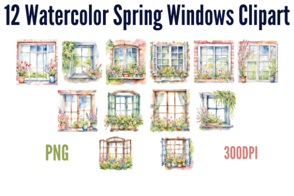 Watercolor Spring Windows Clipart: Design Assets for Fresh Branding