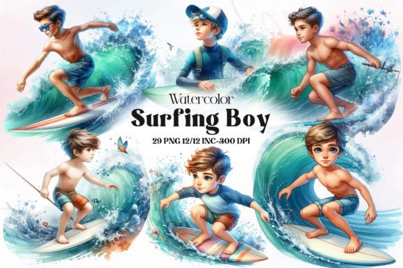 Watercolor Surfing Boy Clipart Bundle for Design Projects