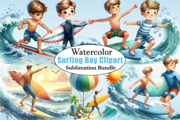 Watercolor Surfing Boy PNG Clipart for Design Projects