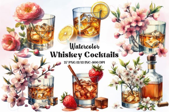 Watercolor Whiskey Cocktails Clipart PNG for Design
